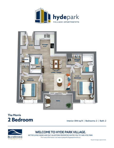 Floor plan for 2 beds, 2 baths, 844 sqft